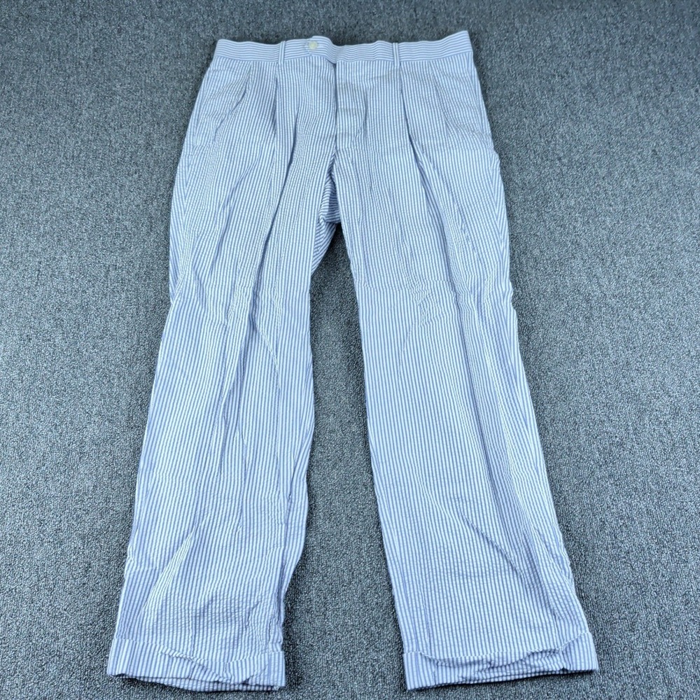 Haspel Astor 36x32 Mens Blue White Striped Seersucker Pleated Cuffed Pants